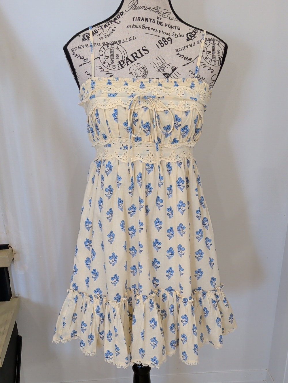 PATRONS OF PEACE | Women's Pale Yellow/Blue Floral Eyelet Trim Mini Sundress